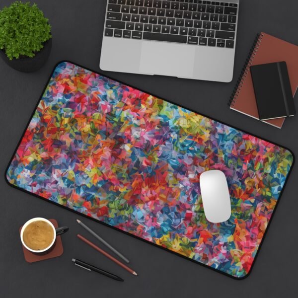 looks like stained glass, staind glass decor, desk mat, colorful flowers, red blue orange yellow green and everything in between
