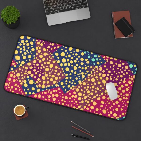 mouse pad that blends with content branding, desk mat with low-profile visual focus, workspace mat that creates aesthetic alignment, yellow dots in space, pattern