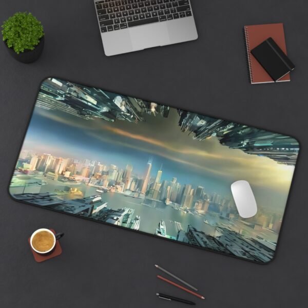 workspace mat with day-to-evening visual flow, mouse pad that matches minimalist office accessories, 4d future city, abstract futuristic AI art