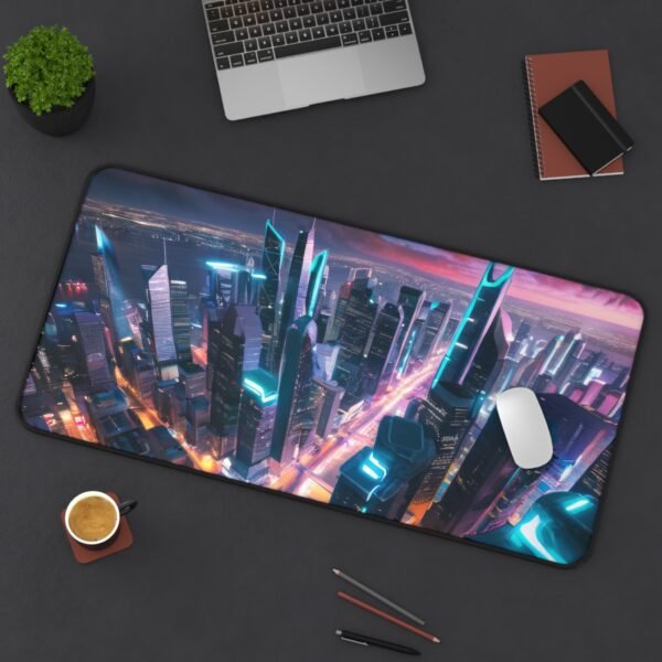 mouse pad for subtle creative energy flow, desk mat that enhances your light balance, workspace mat that frames essential tools, futuristic city, neon pink blue and orange
