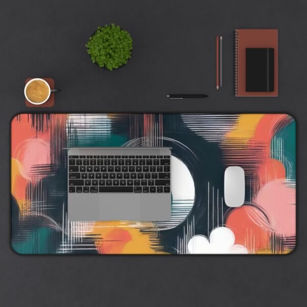 desk mat with earthbound energy layering, workspace mat with minimalist canyon scribe marks, mouse pad with abstract air + stone interaction