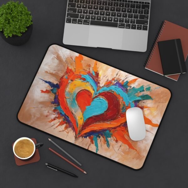 workspace mat with chaotic symmetry resolution, mouse pad with blurred compositional density, desk mat featuring modular spectrum fade,