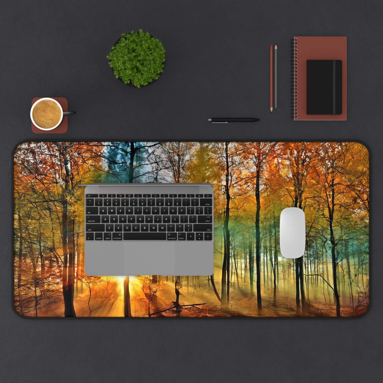 desk mat that channels outdoor simplicity, workspace mat that looks like forest silence, mouse pad for visually quiet environments