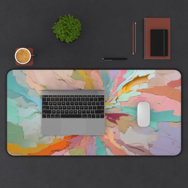 mouse pad with conceptual design frequency layering, desk mat with vibrational color mist, workspace mat with tonal abstraction bursts, mouse pad with layered contrast structure