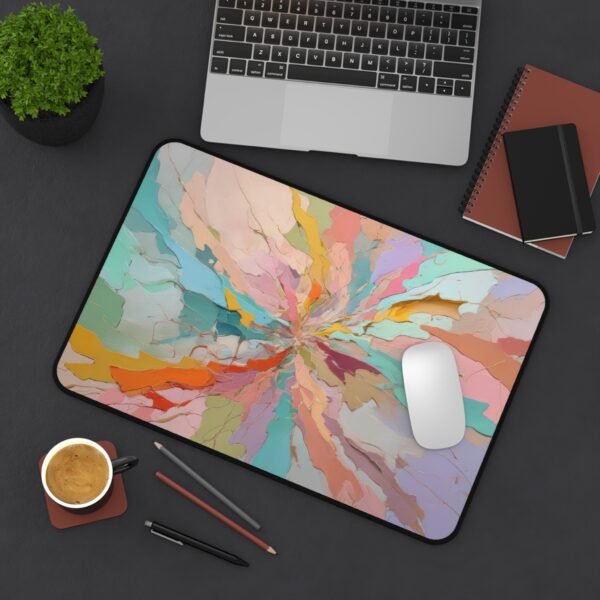 desk mat with layered transparent wave patterns, workspace mat inspired by synthetic color flow,
