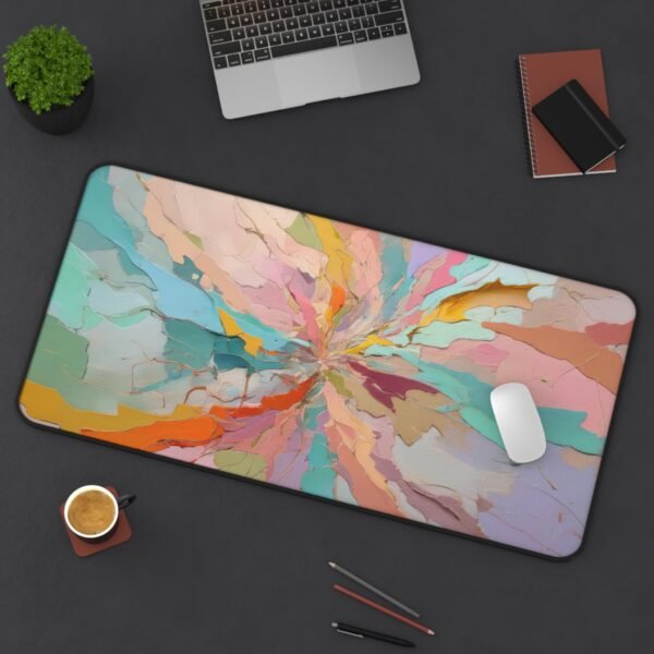 desk mat inspired by surrealist visual flow, workspace mat with organized creative disorder, mouse pad with scattered focal tension, desk mat with perspective-breaking fade patterns, workspace mat with abstract inspiration for visual artists