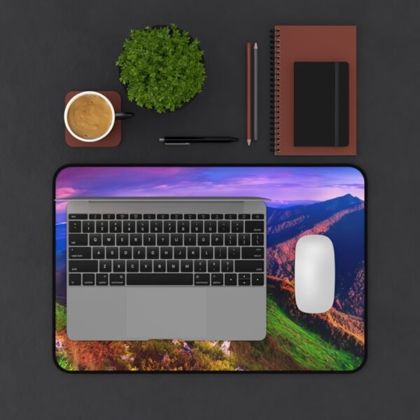 desk mat with ultra-low profile, workspace mat with subtle personality, mouse pad for warm lighting setups