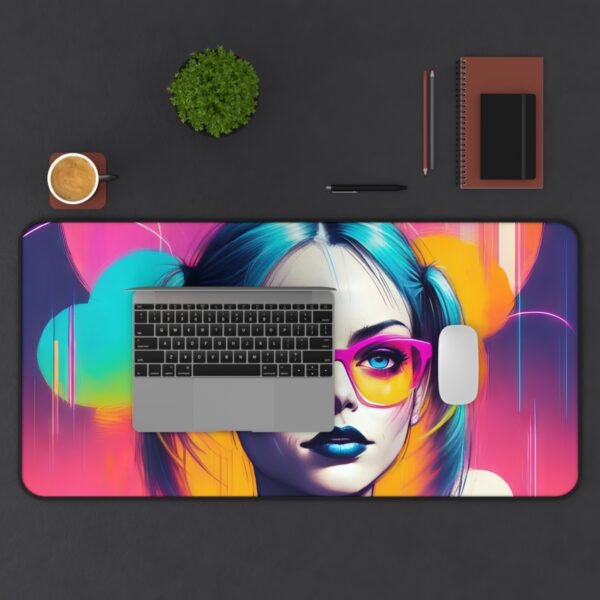 mouse pad featuring red thread visual motif, desk mat with abstract sakura ink drift, workspace mat with soft minimalist temple lines