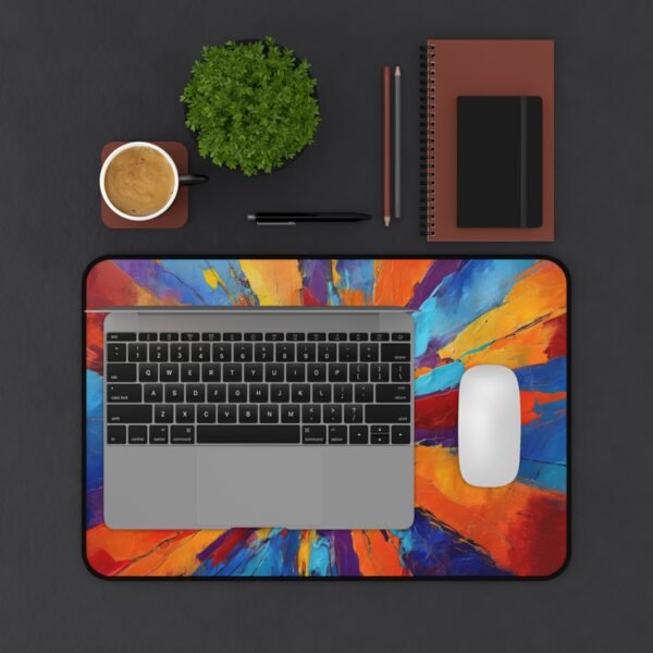 , workspace mat with floating shadow geometry, mouse pad with blurred edge manipulation, desk mat with pointillist texture glitch,