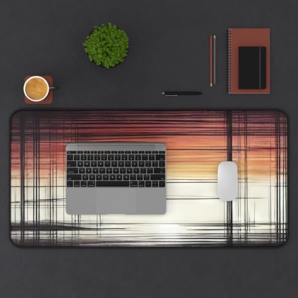 mouse pad with fractured geometry design, desk mat featuring warped horizon lines, workspace mat with minimal abstract overlays