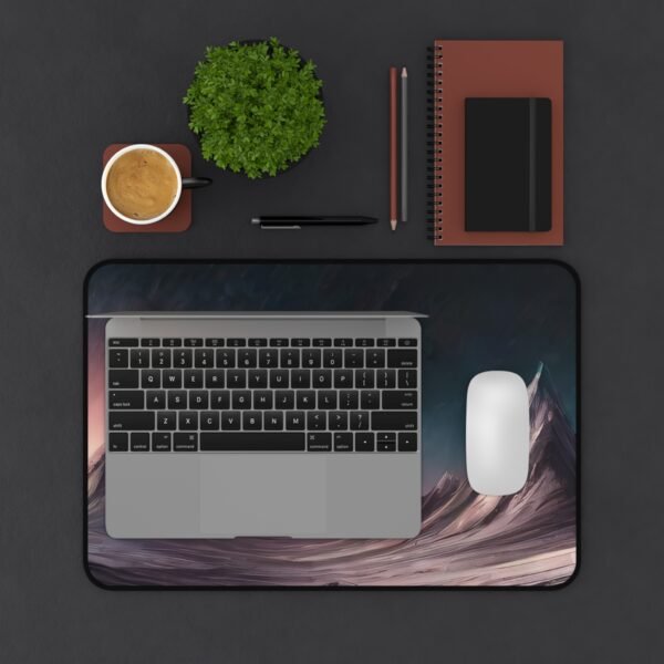 desk mat with dimensional brush haze, workspace mat with elemental design breakdown,