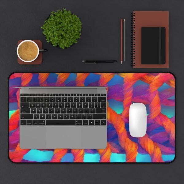 metallic rainbow desk mat, prism color workspace, neon light trail pad, LED streak pattern surface