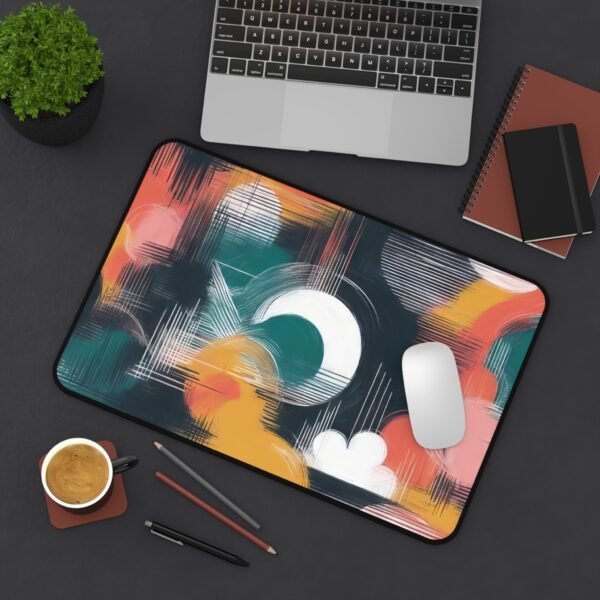 mouse pad with gentle terrain abstraction flow, desk mat for rooted meditative workspaces, workspace mat featuring dried leaf tone minimalism, mouse pad with fogstone and inkwash convergence