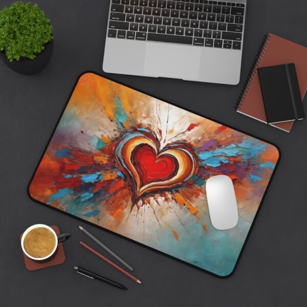 workspace mat with optical layering tension, mouse pad with broken rhythm repetition, desk mat featuring nonlinear shape exploration,