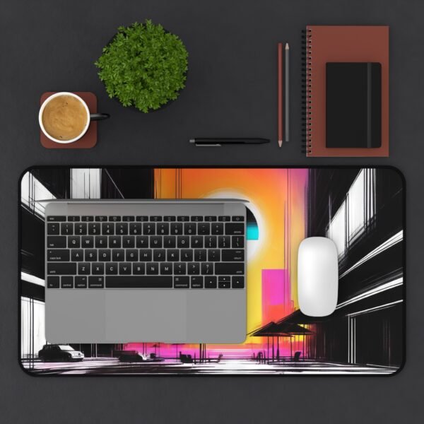 desk mat inspired by contemporary Asian visual rhythm, workspace mat with raw brushstroke energy in calm layout,