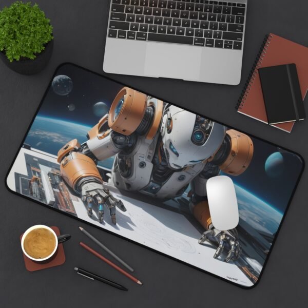 desk mat with nano-fabric texture for intelligent ambient workspaces, mouse pad with holographic grid overlay for creators of the future, workspace mat with hyperspace-inspired depth for advanced neural mapping work, workspace mat inspired by cybernetic design for advanced creative setups,