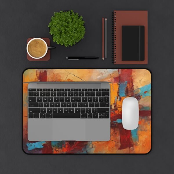 workspace mat with evolving digital bloom effect, mouse pad with abstract axis tilt, desk mat for creators with visual chaos flow,