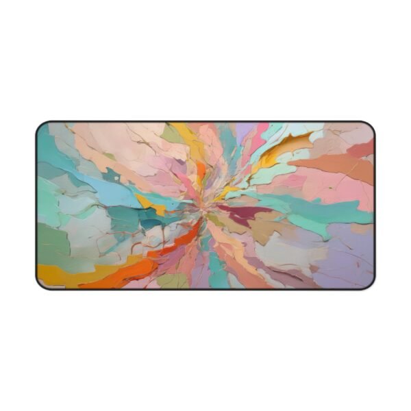 desk mat with radial swirl abstraction for visual thinkers, workspace mat with hazy gradient fragmentation, mouse pad with angular echo structures