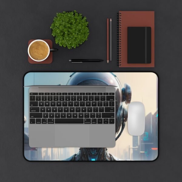 desk mat featuring ultralight chrome finish for high-tech workspace themes, desk mat with virtual signal matrix for futuristic ui development