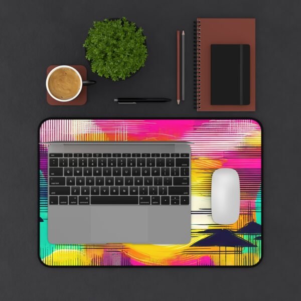 mouse pad with stone-wall gesture fade, desk mat with dried brush edge drift, workspace mat with quiet hillside ink slope