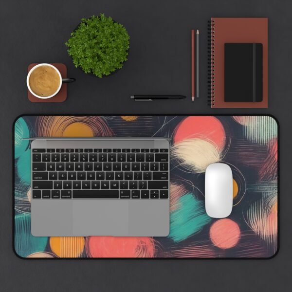 desk mat featuring abstract rice terrace geometry, workspace mat with wabi-sabi styled fade pattern, mouse pad with modern zen ink spiral,