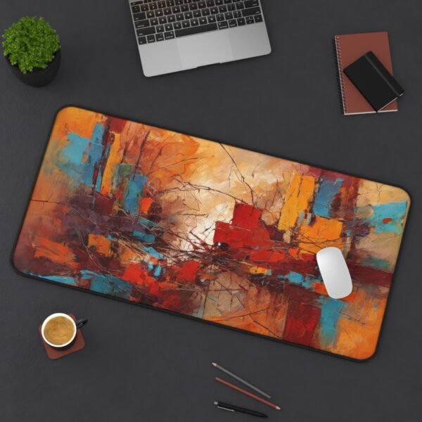 desk mat with shattered shape layering for dynamic visuals, workspace mat with melted geometry overlays, mouse pad with prismatic waveform tension