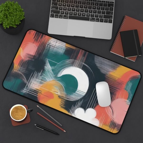 desk mat inspired by worn rice paper fibers, workspace mat with tonal dry landscape composition