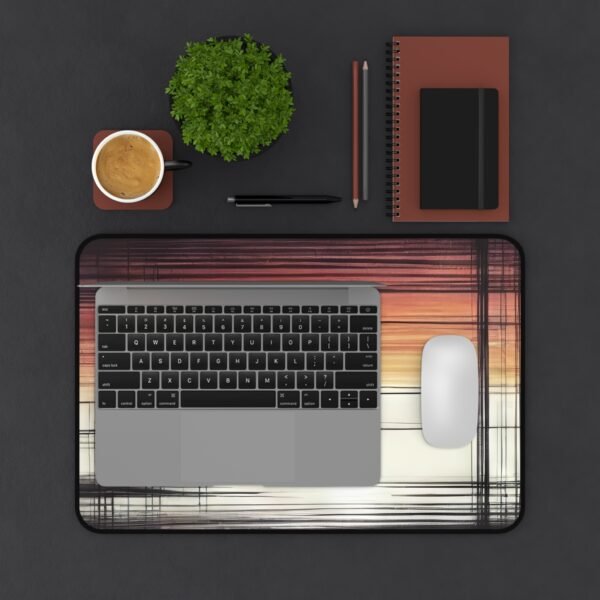 desk mat featuring abstract topography concepts, workspace mat with collage-style fragments, mouse pad with ambient color distortions, desk mat with glitched form overlays, workspace mat with radial energy burst style