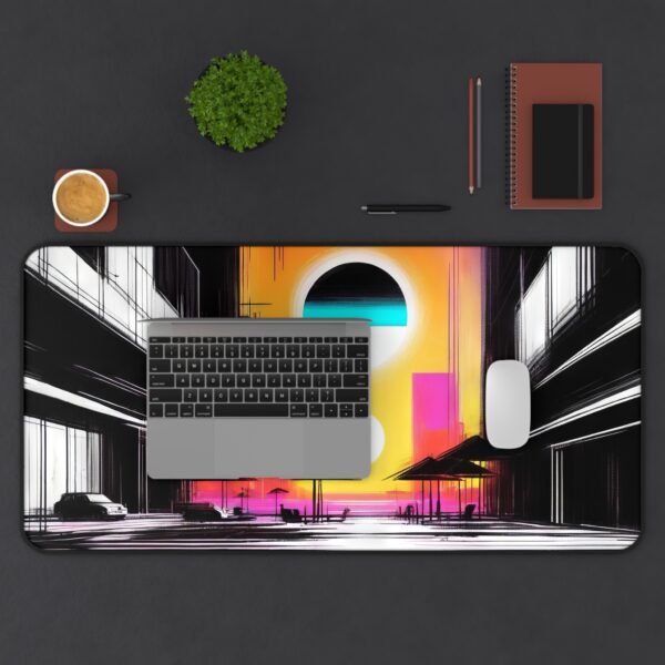 desk mat with abstract ink-stone texture fade, workspace mat with minimalist pagoda silhouette overlay, mouse pad featuring flowing calligraphy-inspired geometry,