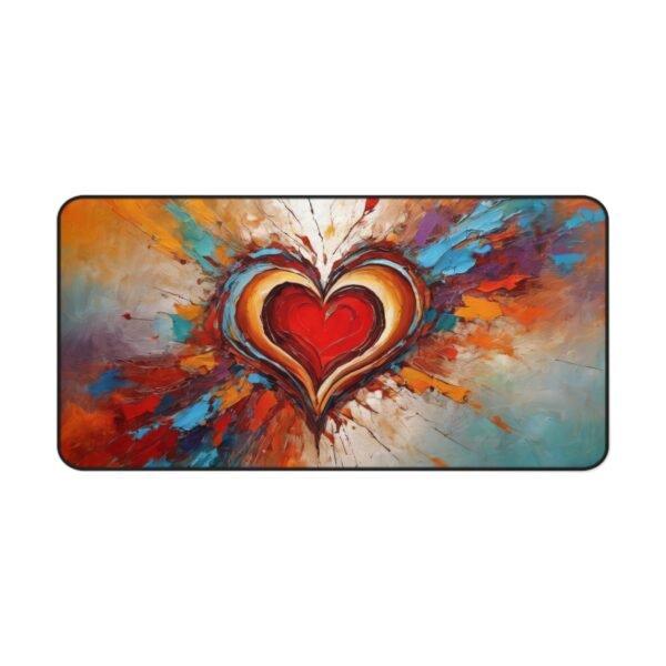 desk mat with visual echo clusters, workspace mat with color-warp chaos, mouse pad with elastic grid overlays, desk mat for creators with structured visual disorder,