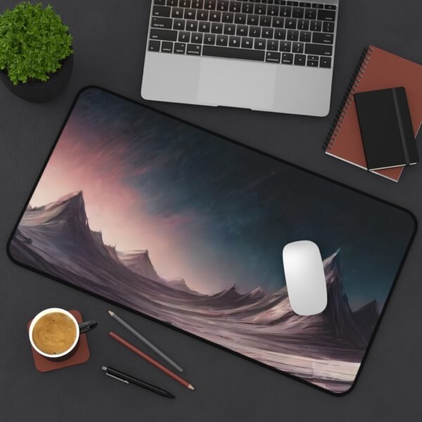 desk mat with chromatic offset layering, workspace mat inspired by abstract audio forms, mouse pad with field-displacement abstraction,