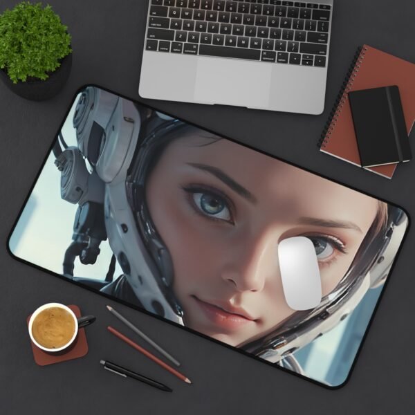 desk mat with minimal light-reactive geometry for intelligent ambient workspaces, workspace mat inspired by quantum logic design for creators of the future, mouse pad with nano-fabric texture for sci-fi inspired studios, workspace mat featuring motion-drift patterning for high-tech workspace themes,