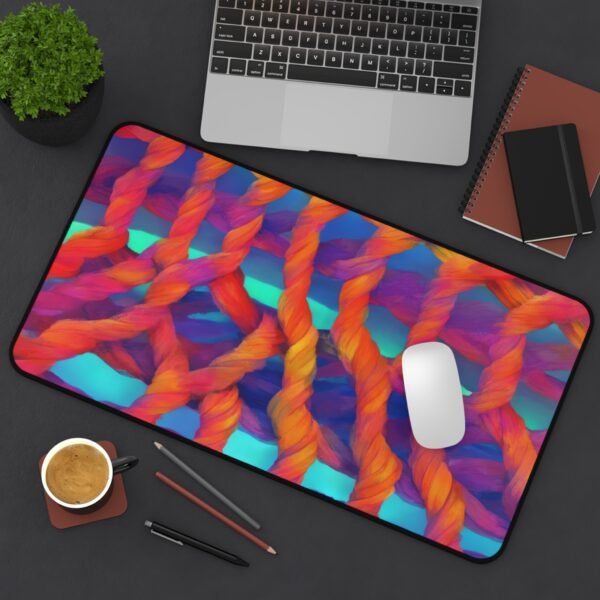 holographic sparkle workspace, chrome and gloss desk mat, iridescent vibe surface, oil slick pattern pad