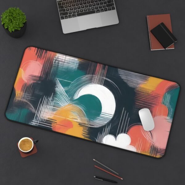 desk mat with grounded pigment sweep, workspace mat with warm dusk-inspired abstraction, mouse pad with monochrome brush-moss blend,