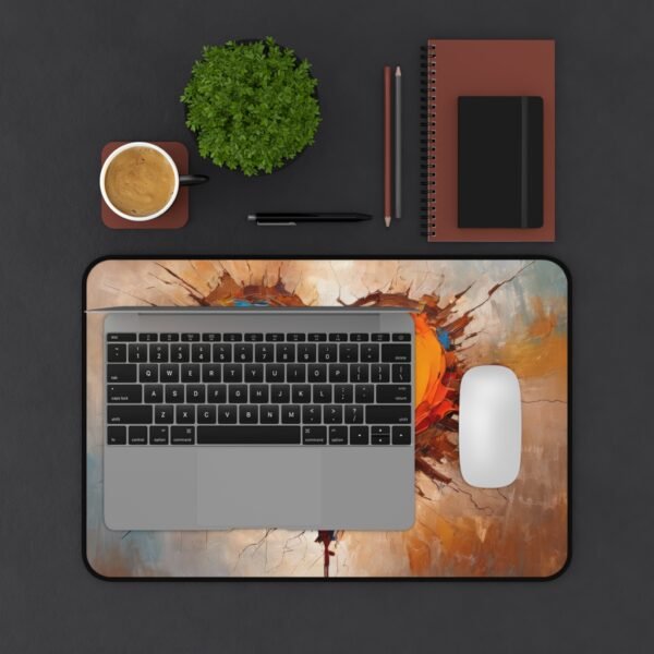 mouse pad with floating geometry tension, desk mat with chromatic haze fracturing, workspace mat for nonlinear thought layout,