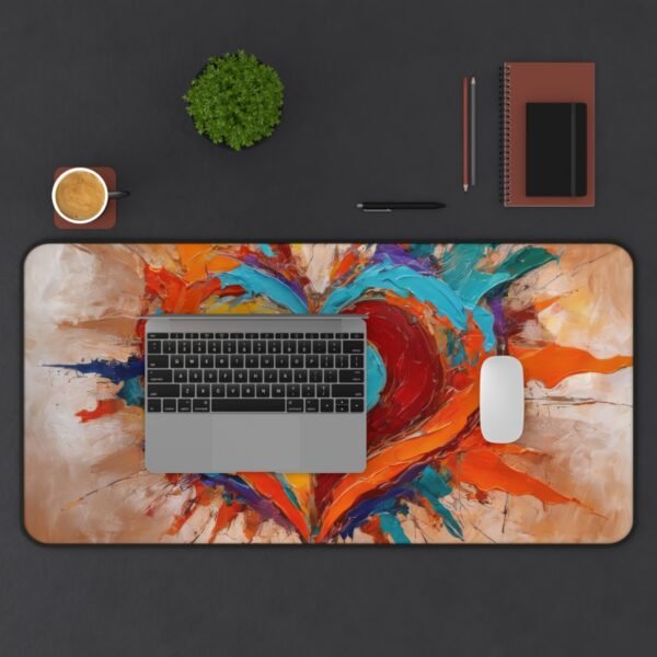 workspace mat with mapped gradient vibration, mouse pad with surreal pattern drift, desk mat with offset vector haze,