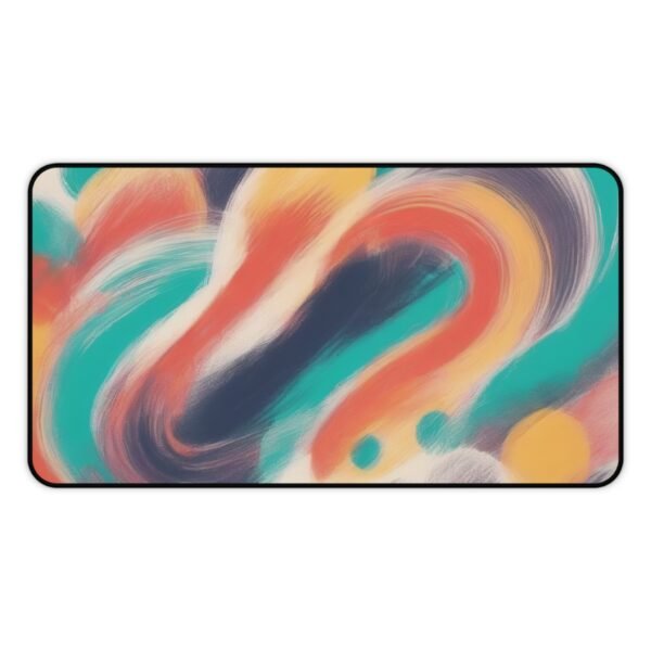 mouse pad with quiet hillside tone mapping, desk mat with oxidized ink on pale fabric field, workspace mat with handmade clay and motion forms