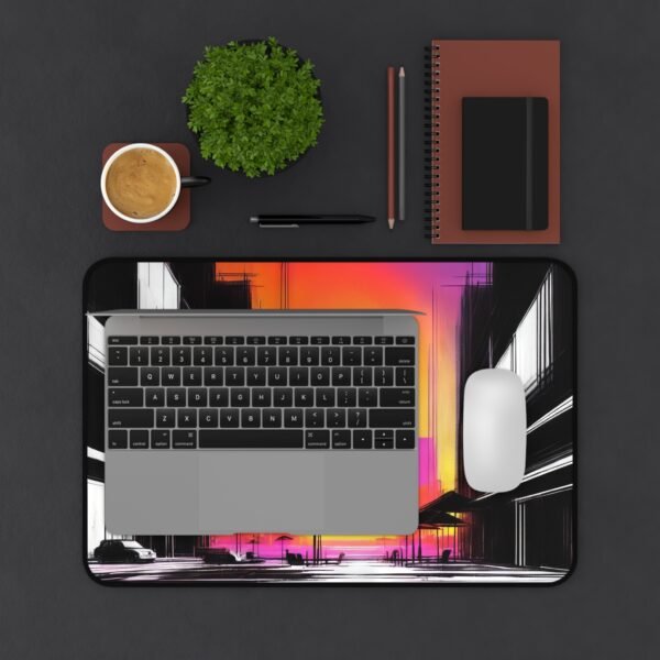 workspace mat with soft red circle symmetry,