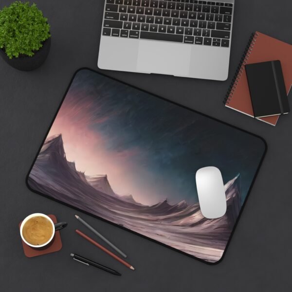 workspace mat with field-based brush elements, mouse pad with glitchcore shape flow, desk mat for motion-inspired minimalism, workspace mat with sharp geometric overlays, mouse pad with echoing texture fractals