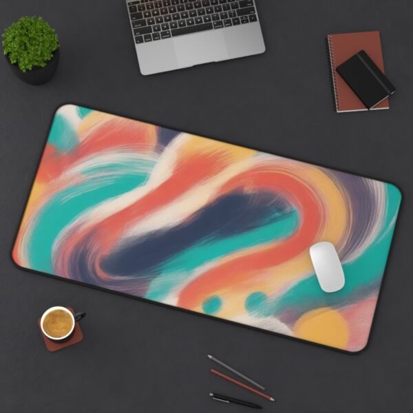 , desk mat with forest floor neutral composition, workspace mat with mist and clay motif, mouse pad inspired by natural dye stroke pattern