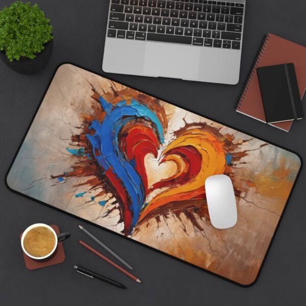 desk mat with fractured wave geometry, workspace mat with analog-inspired abstraction, mouse pad with radial blur bloom,
