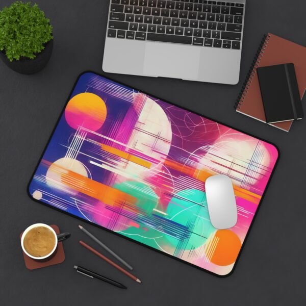 mouse pad with stone garden line work, desk mat with soft gray ink harmony, workspace mat inspired by traditional brush abstraction,