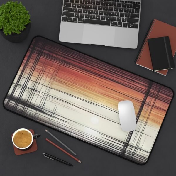 workspace mat with layered fade-ins and transparency, mouse pad with circular displacement effects, desk mat featuring kinetic line repetition, workspace mat with fractured form symmetry, mouse pad with texture-based visual rhythm, desk mat with floating shapes in layered opacity,