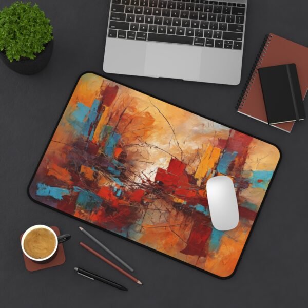 mouse pad with surreal mapping patterns, desk mat for rhythmic visual composition, workspace mat with dispersed pixel field, mouse pad with kinetic color smear, desk mat featuring layered spiral collapse
