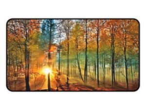 desk mat inspired by foggy forest mornings, workspace mat with soft neutral grounding, mouse pad with sunlit woodgrain texture, desk mat for desks filled with light and leaves, workspace mat that echoes the hush of early dawn, mouse pad for warm, earthy workspaces