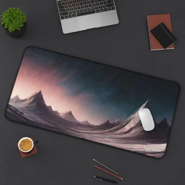 workspace mat with clustered abstract symmetry, mouse pad with textural brush waves and fade, desk mat with warped line structure in minimal palette, workspace mat with disrupted linear flow, mouse pad with optical pattern irregularity